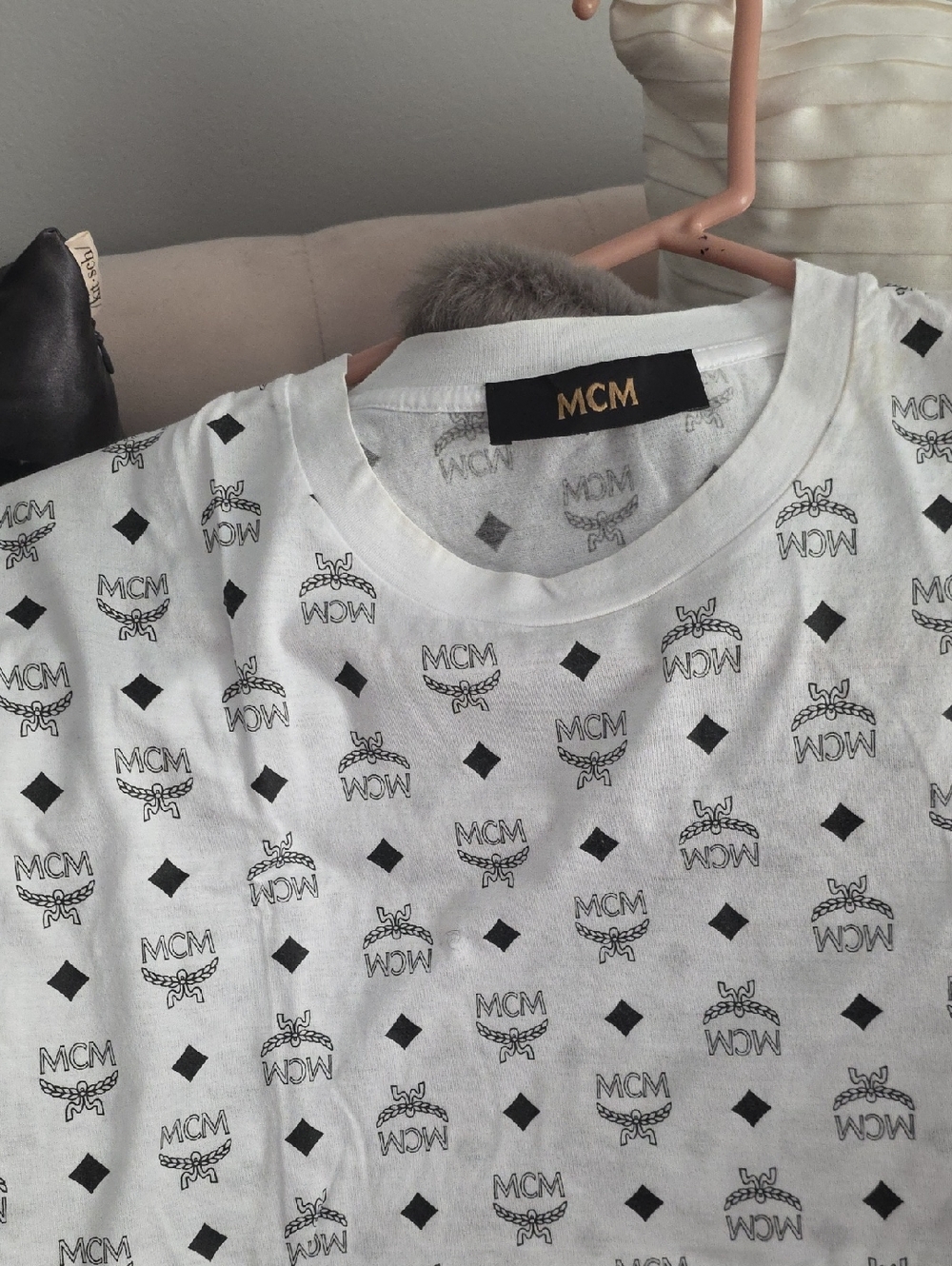 MCM White Tee with Black All-Over Logo